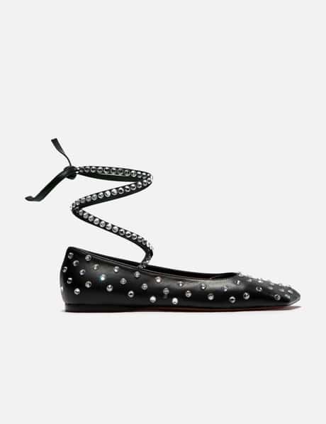 Amina Muaddi Ane Crystal Lace Up Flat Black Nappa